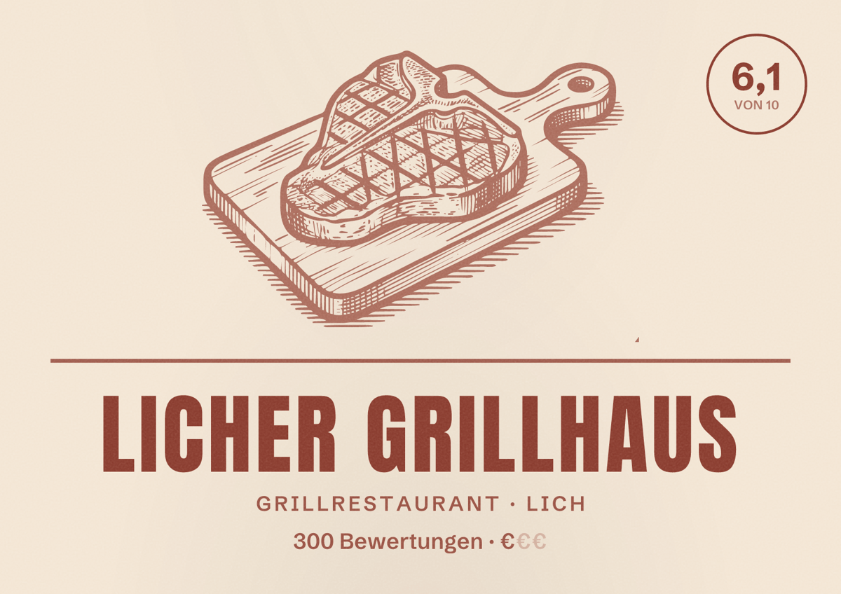 Illustriertes Poster von Licher Grillhaus, Grillrestaurant in Lich: Bewertung 6,1 von 10 aus 300 Bewertungen, Preisniveau €