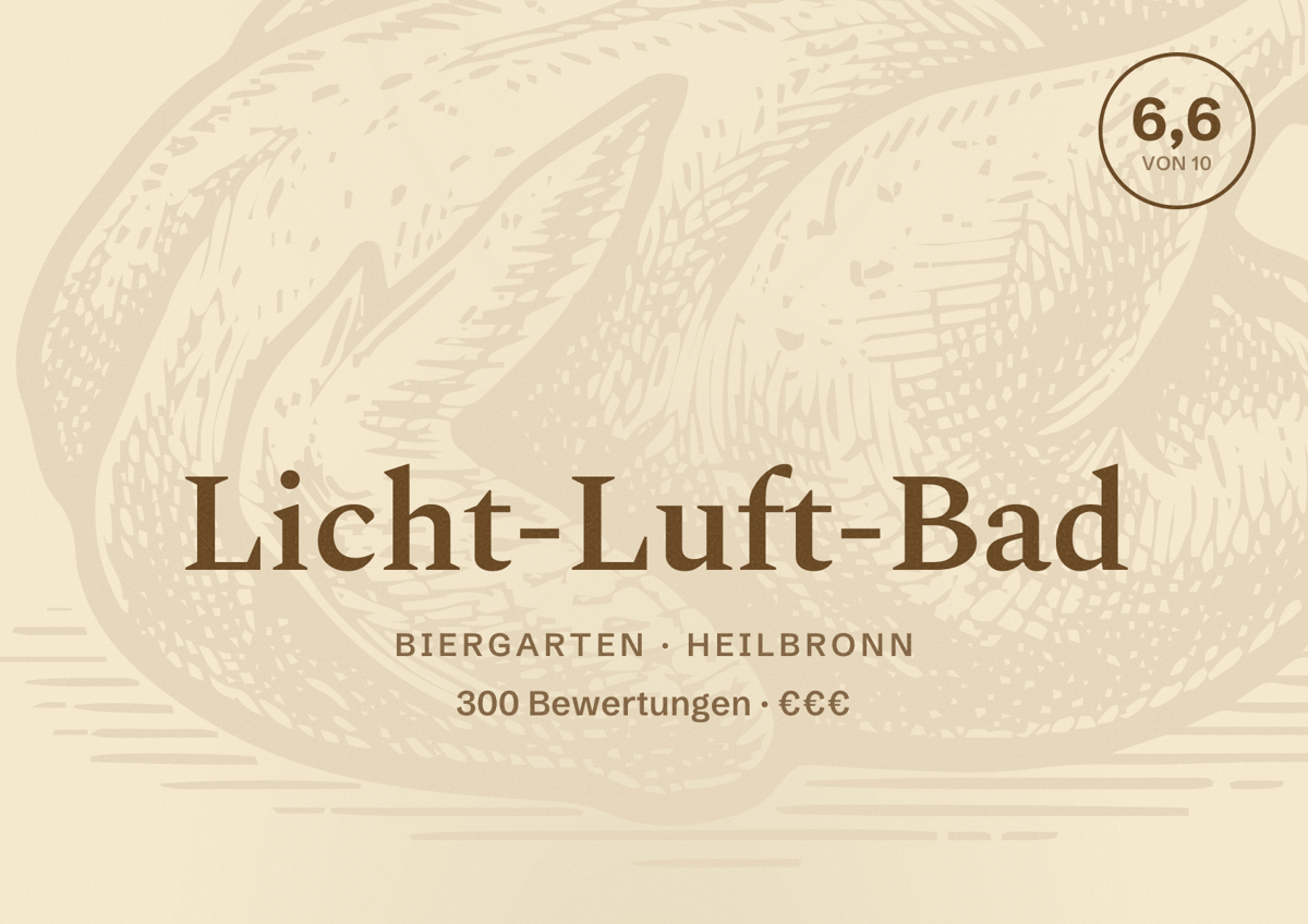 Illustriertes Poster von Licht-Luft-Bad, Biergarten in Heilbronn: Bewertung 6,6 von 10 aus 300 Bewertungen, Preisniveau €€€