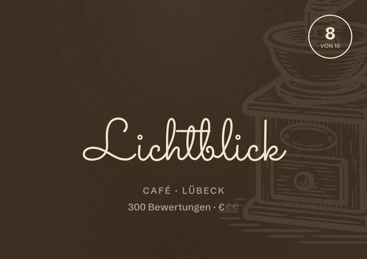 Illustriertes Poster von Lichtblick, Café in Lübeck: Bewertung 8 von 10 aus 300 Bewertungen, Preisniveau €