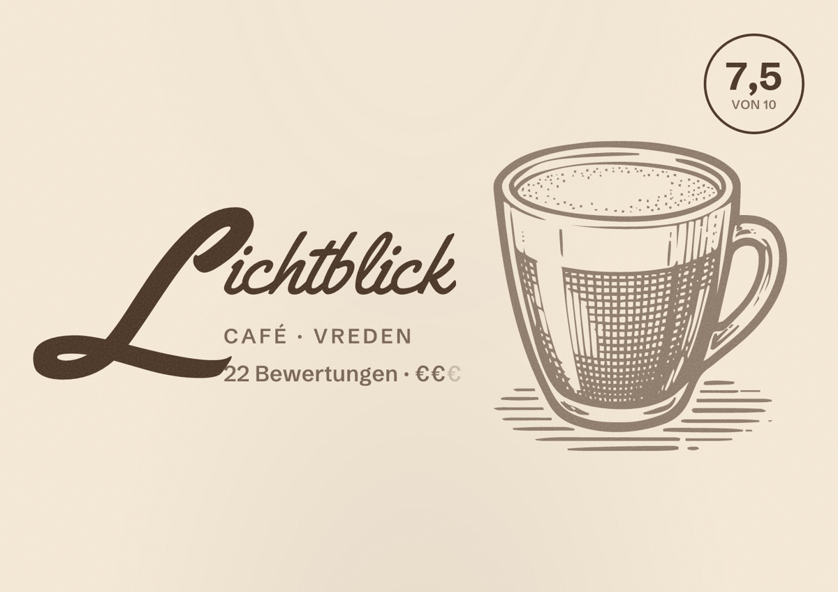 Illustriertes Poster von Lichtblick, Café in Vreden: Bewertung 7,5 von 10 aus 22 Bewertungen, Preisniveau €€