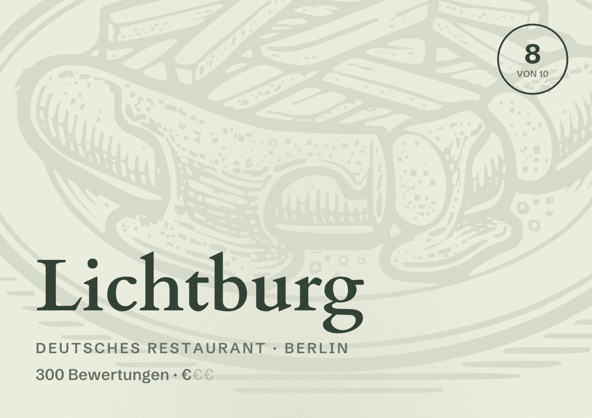 Illustriertes Poster von Lichtburg, Deutsches Restaurant in Berlin: Bewertung 8,0 von 10 aus 300 Bewertungen, Preisniveau €
