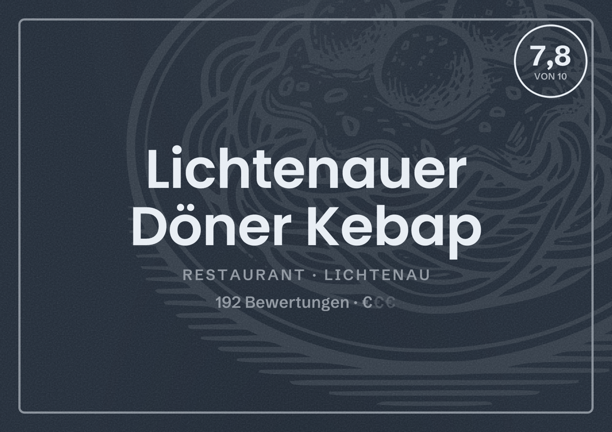 Illustriertes Poster von Lichtenauer Döner Kebap, Restaurant in Lichtenau: Bewertung 7,8 von 10 aus 192 Bewertungen, Preisniveau €