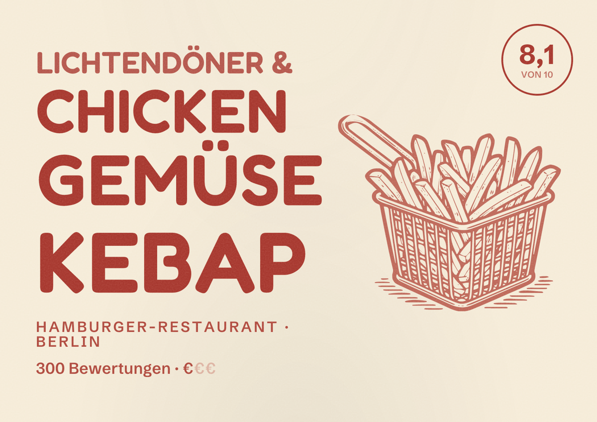 Illustriertes Poster von Lichtendöner & Chicken Gemüse Kebap, Hamburger-Restaurant in Berlin: Bewertung 8,1 von 10 aus 300 Bewertungen, Preisniveau €