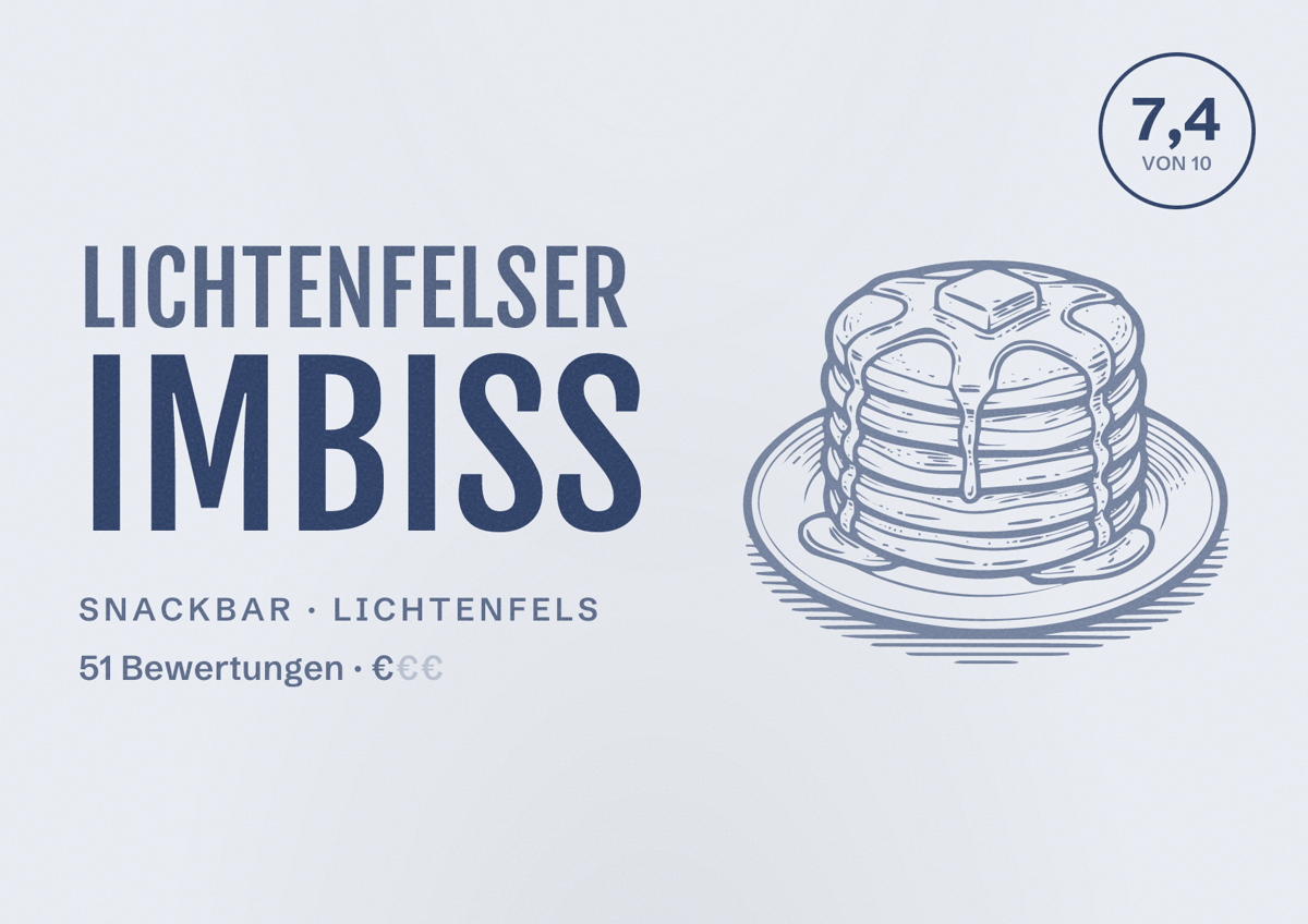 Illustriertes Poster von Lichtenfelser imbiss, Snackbar in Lichtenfels: Bewertung 7,4 von 10 aus 51 Bewertungen, Preisniveau €