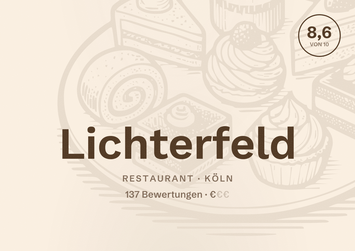 Illustriertes Poster von Lichterfeld, Restaurant in Köln: Bewertung 8,6 von 10 aus 137 Bewertungen, Preisniveau €