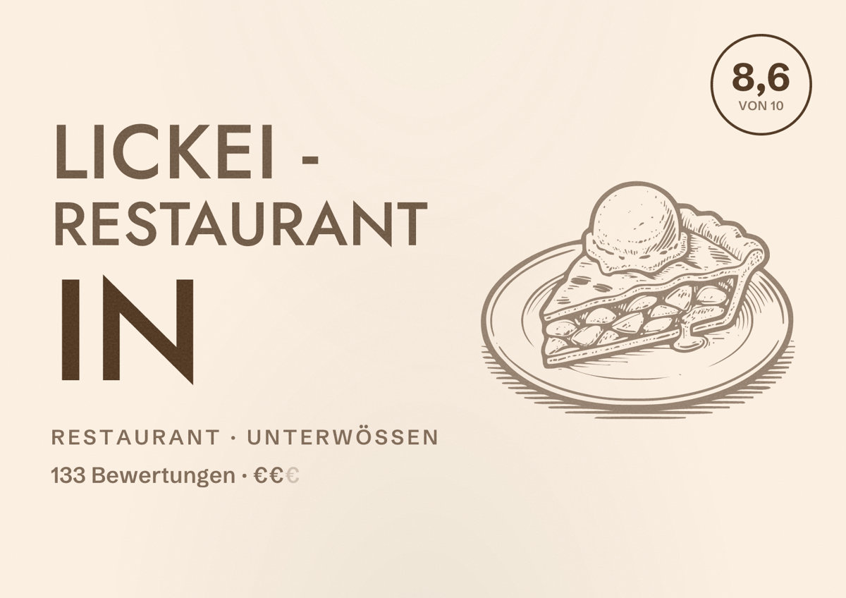 Illustriertes Poster von Lickei - Restaurant in, Restaurant in Unterwössen: Bewertung 8,6 von 10 aus 133 Bewertungen, Preisniveau €€