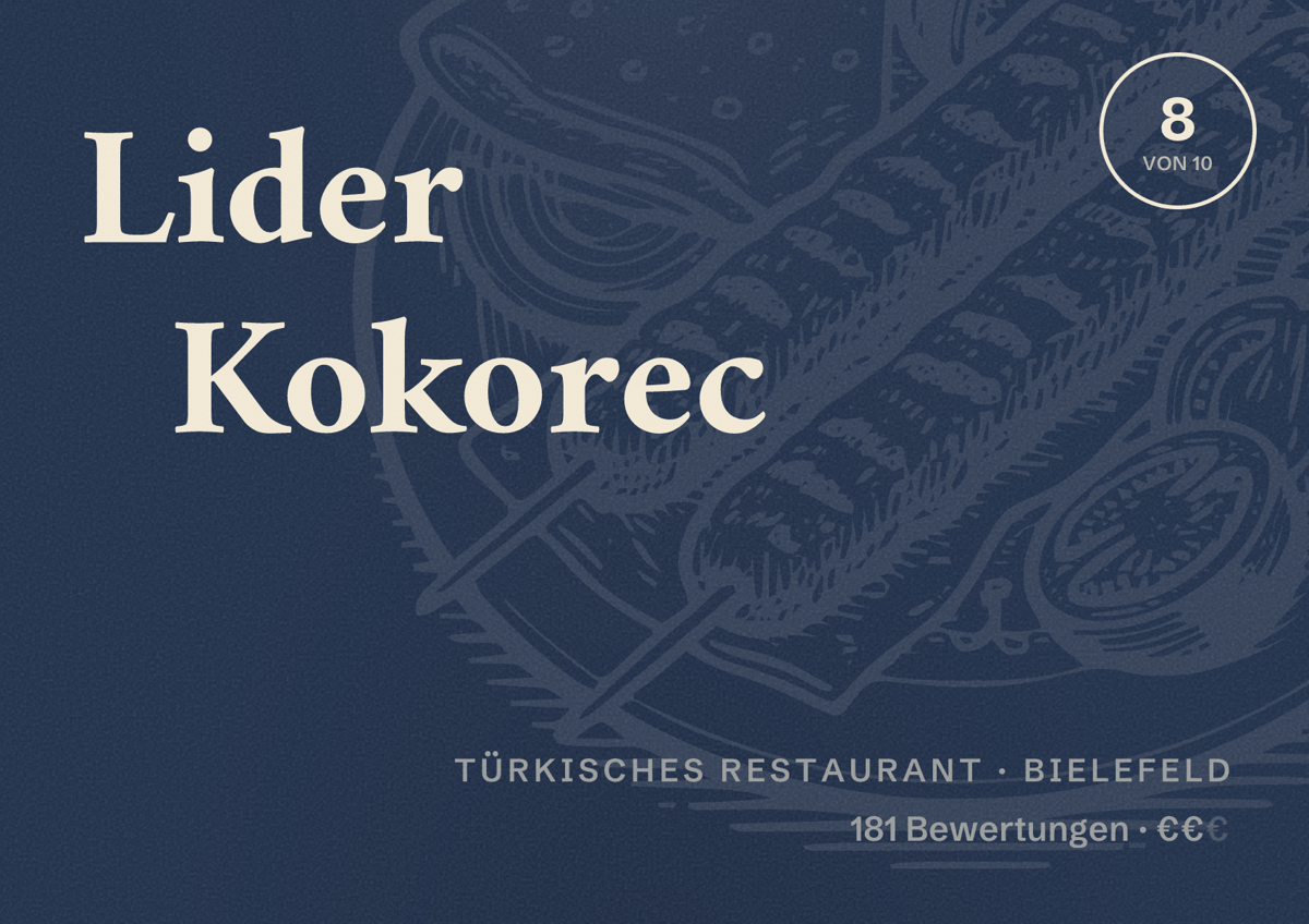 Illustriertes Poster von Lider Kokorec, Türkisches Restaurant in Bielefeld: Bewertung 8 von 10 aus 181 Bewertungen, Preisniveau €€