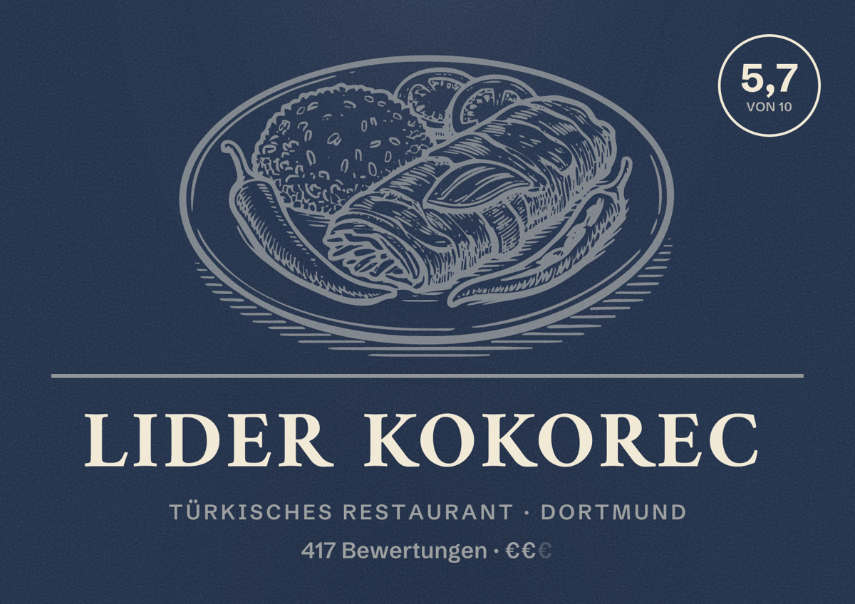 Illustriertes Poster von Lider Kokorec, Türkisches Restaurant in Dortmund: Bewertung 5,7 von 10 aus 417 Bewertungen, Preisniveau €€