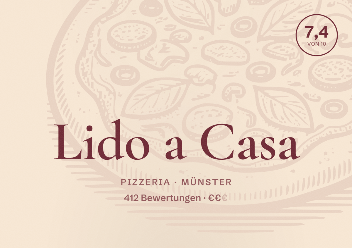 Illustriertes Poster von Lido a Casa, Pizzeria in Münster: Bewertung 7,4 von 10 aus 412 Bewertungen, Preisniveau €€