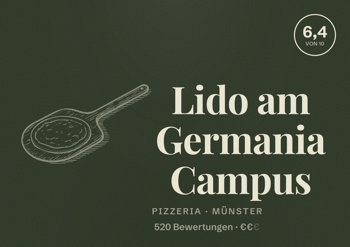 Illustriertes Poster von Lido am Germania Campus, Pizzeria in Münster: Bewertung 6,4 von 10 aus 520 Bewertungen, Preisniveau €€