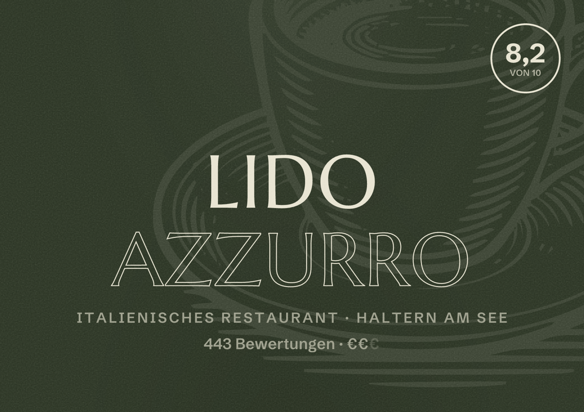 Illustriertes Poster von Lido Azzurro, Italienisches Restaurant in Haltern am See: Bewertung 8,2 von 10 aus 443 Bewertungen, Preisniveau €€