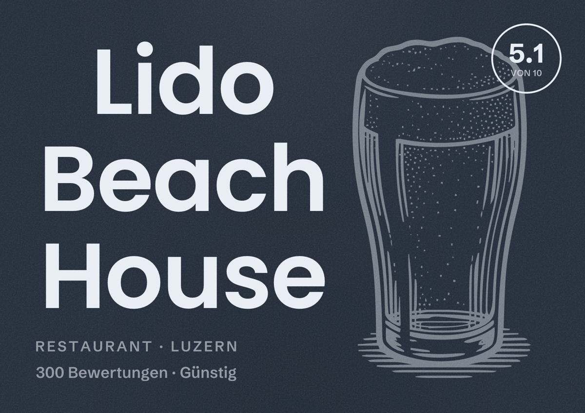 Illustriertes Poster von Lido Beach House, Restaurant in Luzern: Bewertung 5.1 von 10 aus 300 Bewertungen, Preisniveau Günstig