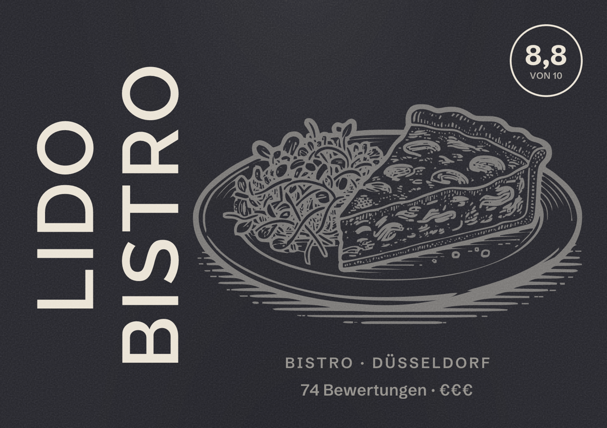 Illustriertes Poster von Lido Bistro, Bistro in Düsseldorf: Bewertung 8,8 von 10 aus 74 Bewertungen, Preisniveau €€€