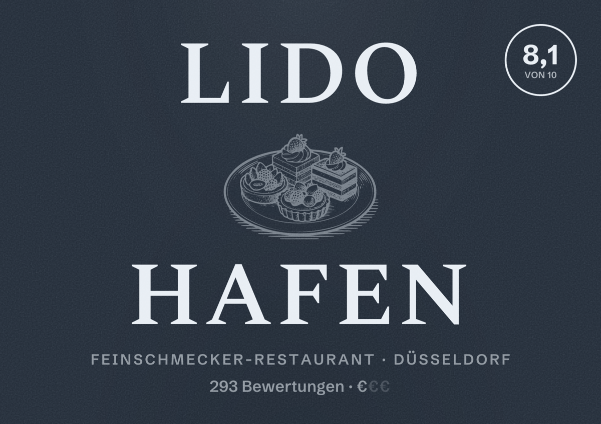 Illustriertes Poster von Lido Hafen, Feinschmecker-Restaurant in Düsseldorf: Bewertung 8,1 von 10 aus 293 Bewertungen, Preisniveau €