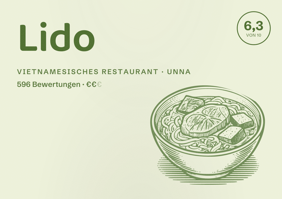 Illustriertes Poster von Lido, Vietnamesisches Restaurant in Unna: Bewertung 6,3 von 10 aus 596 Bewertungen, Preisniveau €€