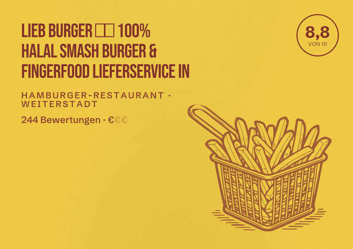 Illustriertes Poster von Lieb Burger ❤️ 100% Halal Smash Burger & Fingerfood Lieferservice in, Hamburger-Restaurant in Weiterstadt: Bewertung 8,8 von 10 aus 244 Bewertungen, Preisniveau €