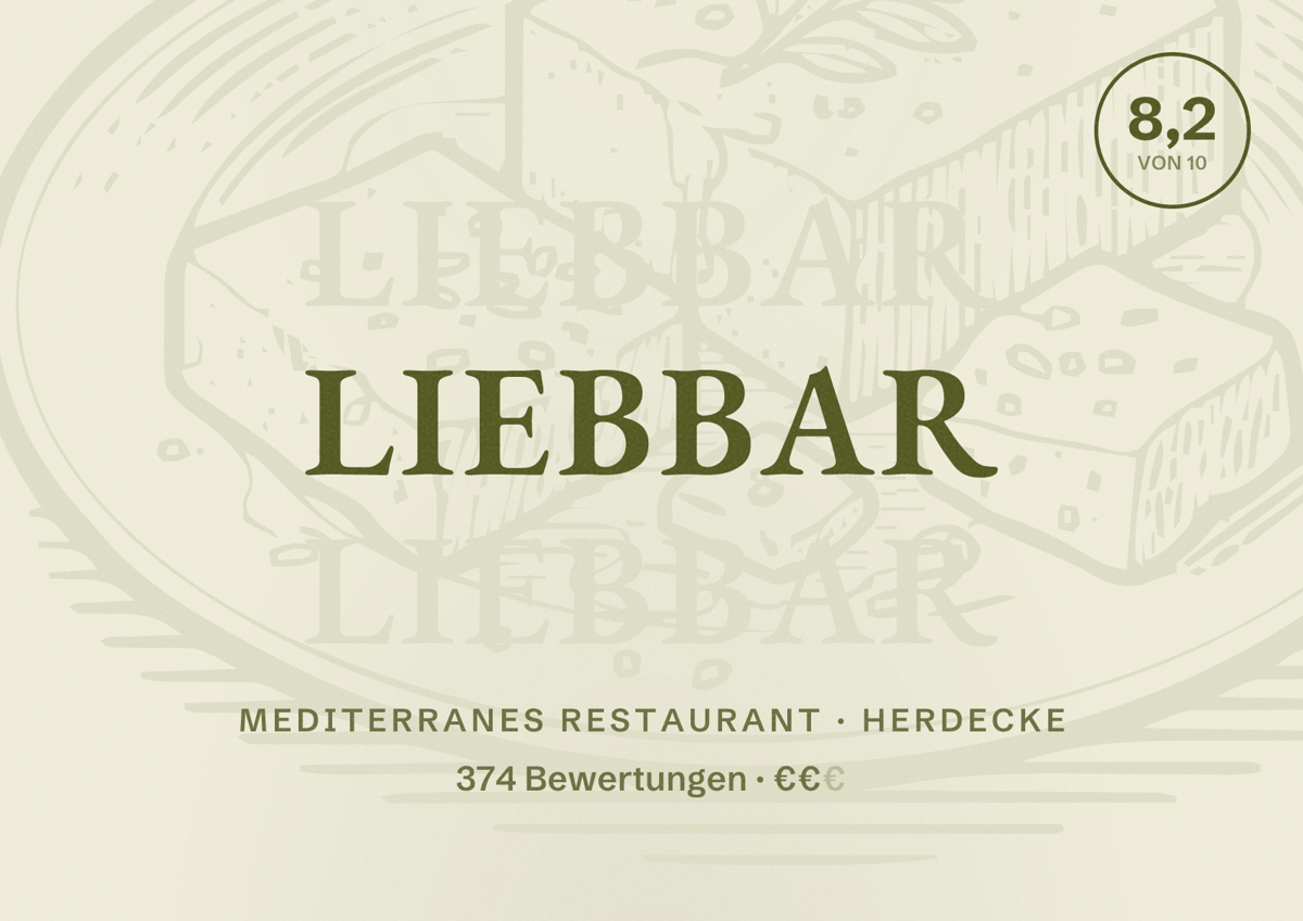 Illustriertes Poster von liebbar, Mediterranes Restaurant in Herdecke: Bewertung 8,2 von 10 aus 374 Bewertungen, Preisniveau €€