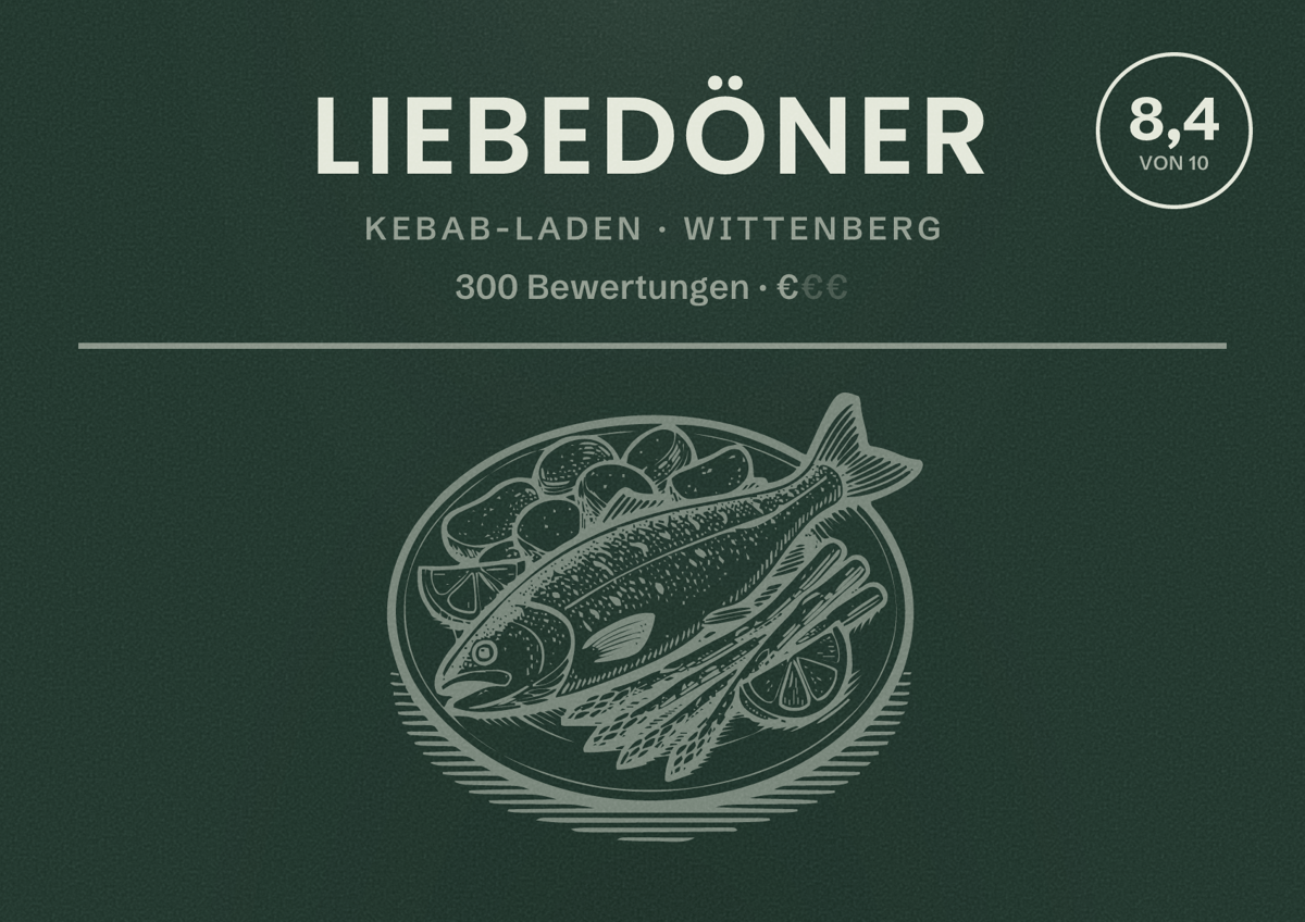 Illustriertes Poster von LiebeDöner, Kebab-Laden in Wittenberg: Bewertung 8,4 von 10 aus 300 Bewertungen, Preisniveau €