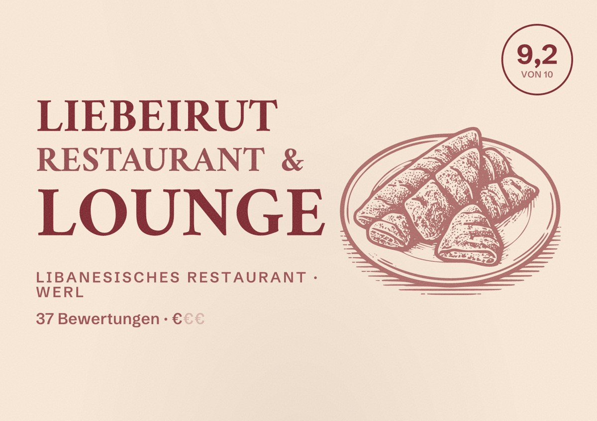 Illustriertes Poster von Liebeirut Restaurant & Lounge, Libanesisches Restaurant in Werl: Bewertung 9,2 von 10 aus 37 Bewertungen, Preisniveau €