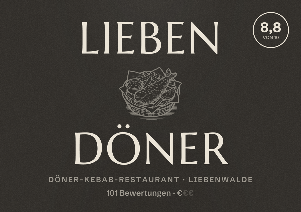 Illustriertes Poster von Lieben Döner, Döner-Kebab-Restaurant in Liebenwalde: Bewertung 8,8 von 10 aus 101 Bewertungen, Preisniveau €
