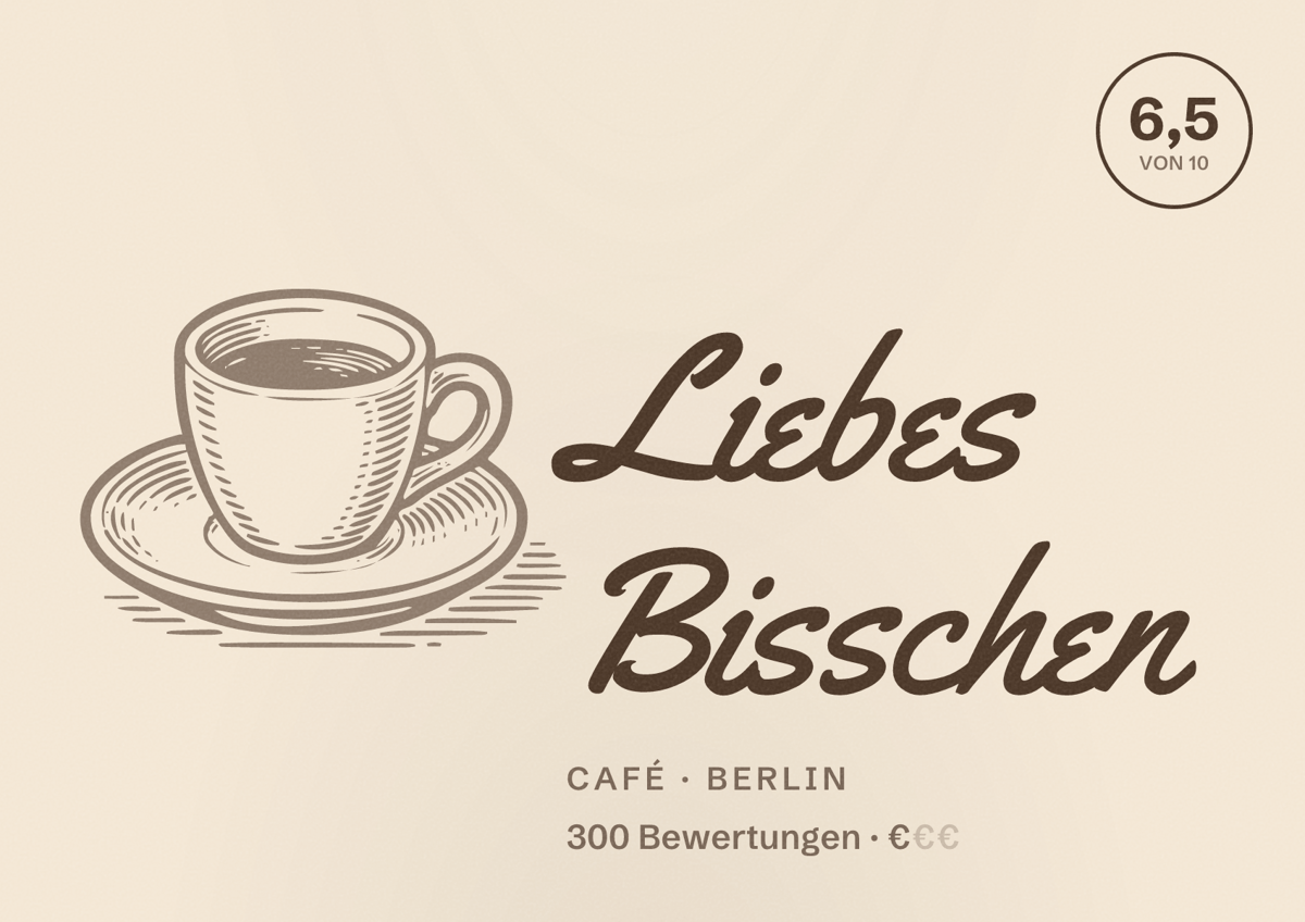 Illustriertes Poster von Liebes Bisschen, Café in Berlin: Bewertung 6,5 von 10 aus 300 Bewertungen, Preisniveau €