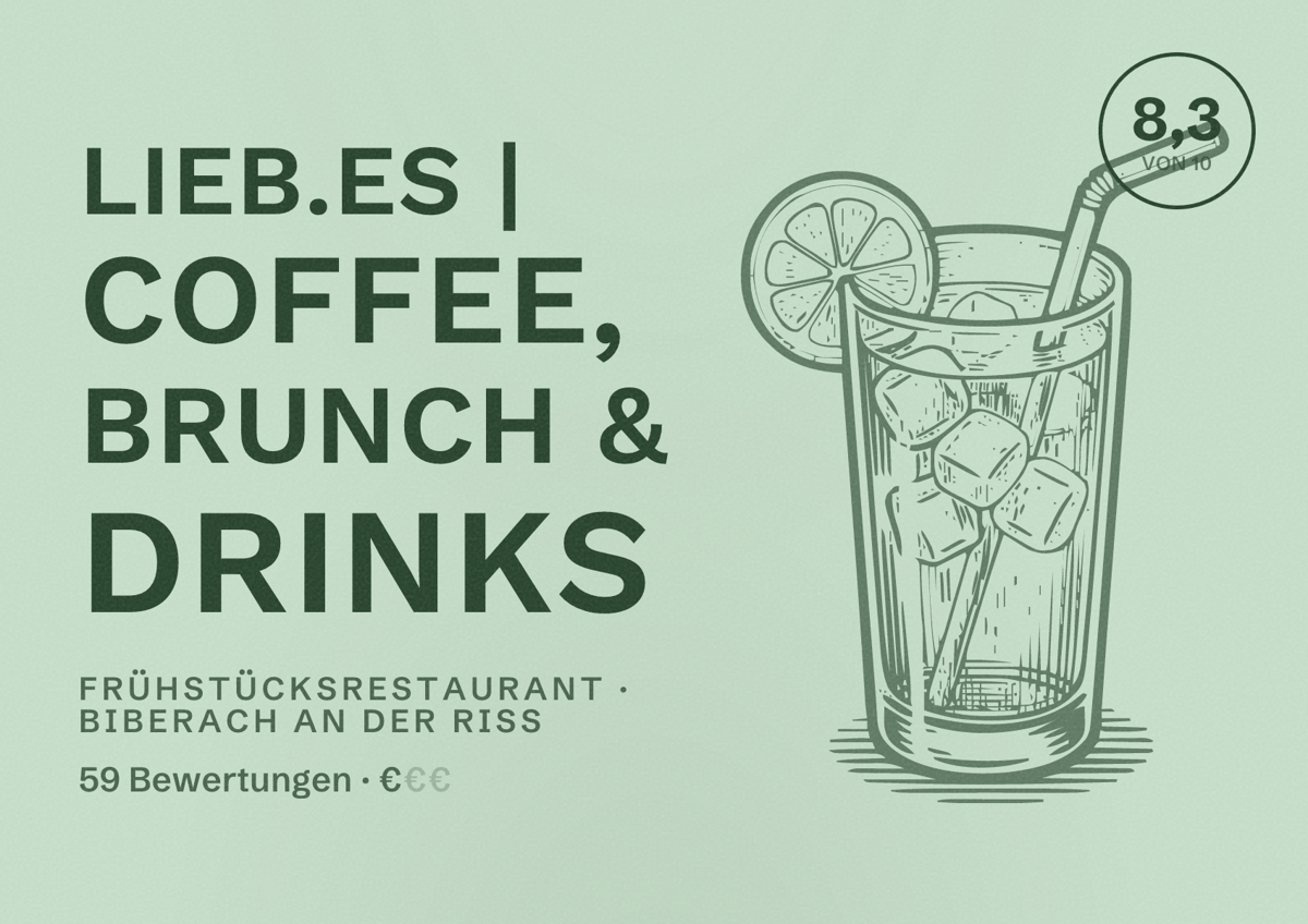 Illustriertes Poster von lieb.es | COFFEE, BRUNCH & DRINKS, Frühstücksrestaurant in Biberach an der Riß: Bewertung 8,3 von 10 aus 59 Bewertungen, Preisniveau €