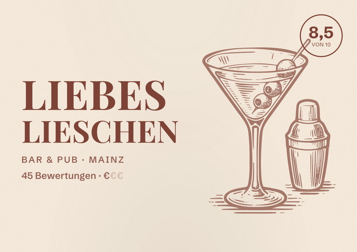Illustriertes Poster von Liebes Lieschen, Bar & Pub in Mainz: Bewertung 8,5 von 10 aus 45 Bewertungen, Preisniveau €