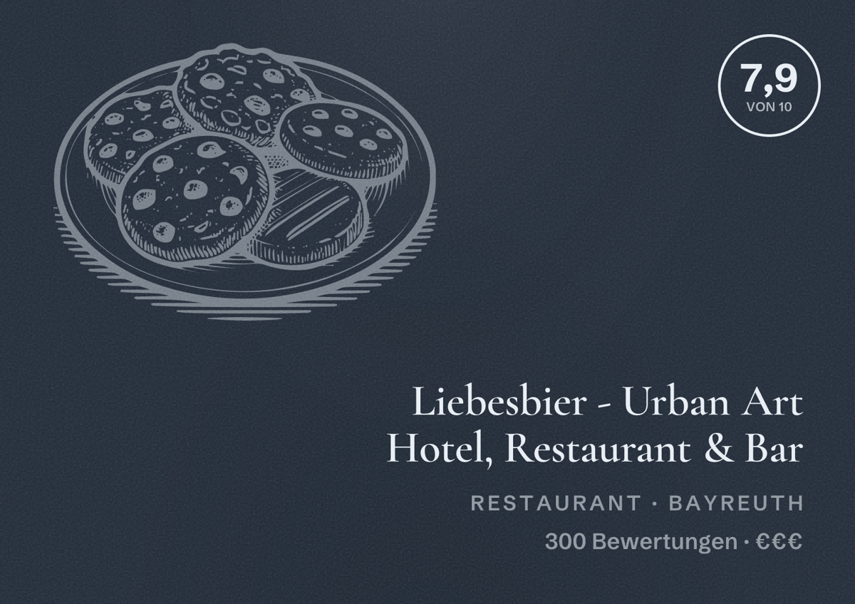 Illustriertes Poster von Liebesbier - Urban Art Hotel, Restaurant & Bar, Restaurant in Bayreuth: Bewertung 7,9 von 10 aus 300 Bewertungen, Preisniveau €€€