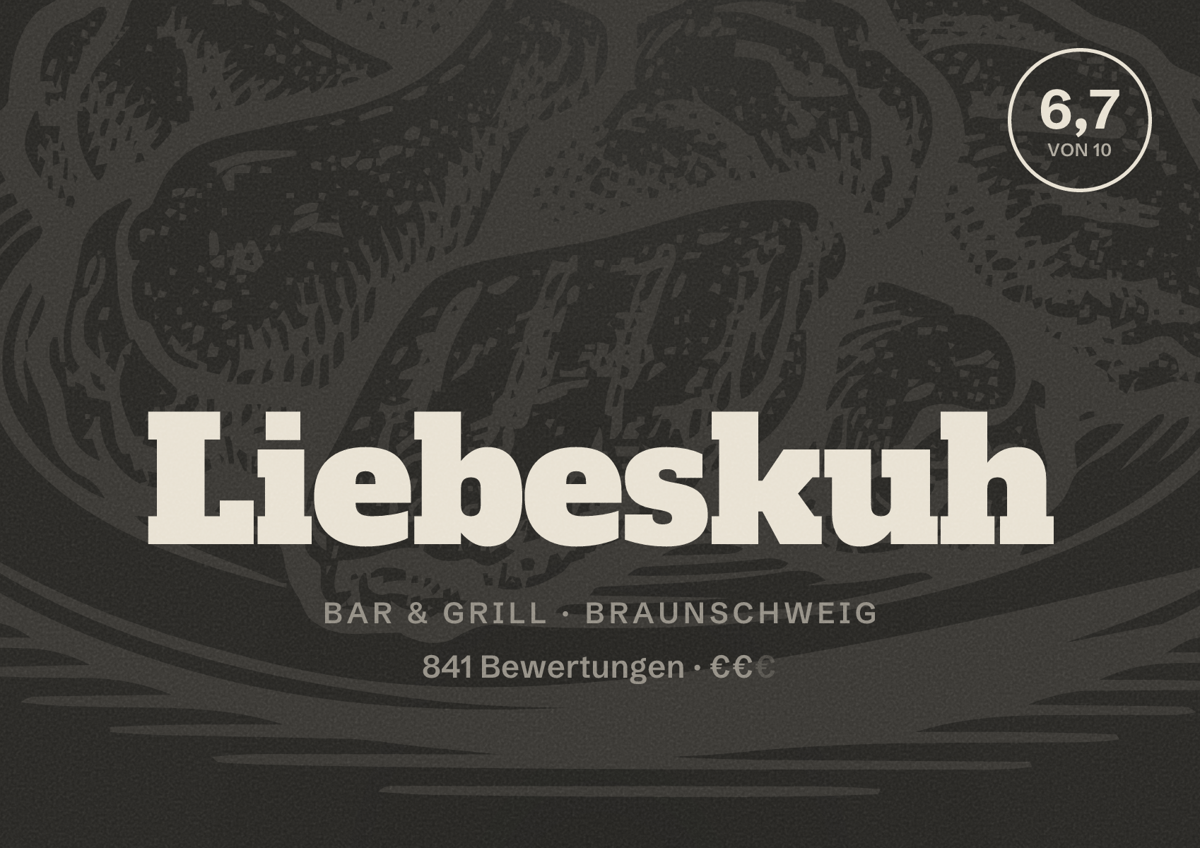 Illustriertes Poster von Liebeskuh, Bar & Grill in Braunschweig: Bewertung 6,7 von 10 aus 841 Bewertungen, Preisniveau €€