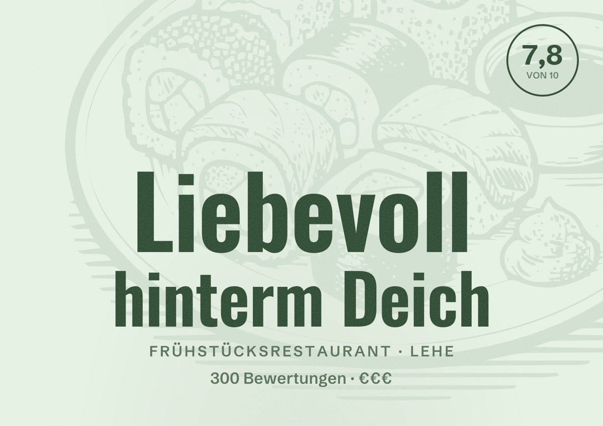 Illustriertes Poster von Liebevoll hinterm Deich, Frühstücksrestaurant in Lehe: Bewertung 7,8 von 10 aus 300 Bewertungen, Preisniveau €€€