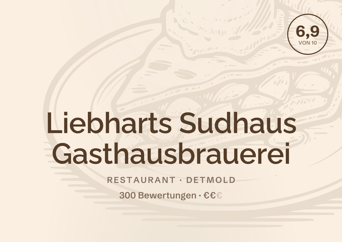 Illustriertes Poster von Liebharts Sudhaus Gasthausbrauerei, Restaurant in Detmold: Bewertung 6,9 von 10 aus 300 Bewertungen, Preisniveau €€