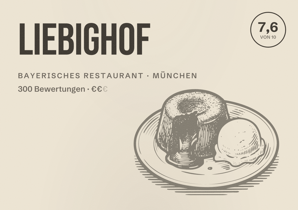 Illustriertes Poster von Liebighof, Bayerisches Restaurant in München: Bewertung 7,6 von 10 aus 300 Bewertungen, Preisniveau €€