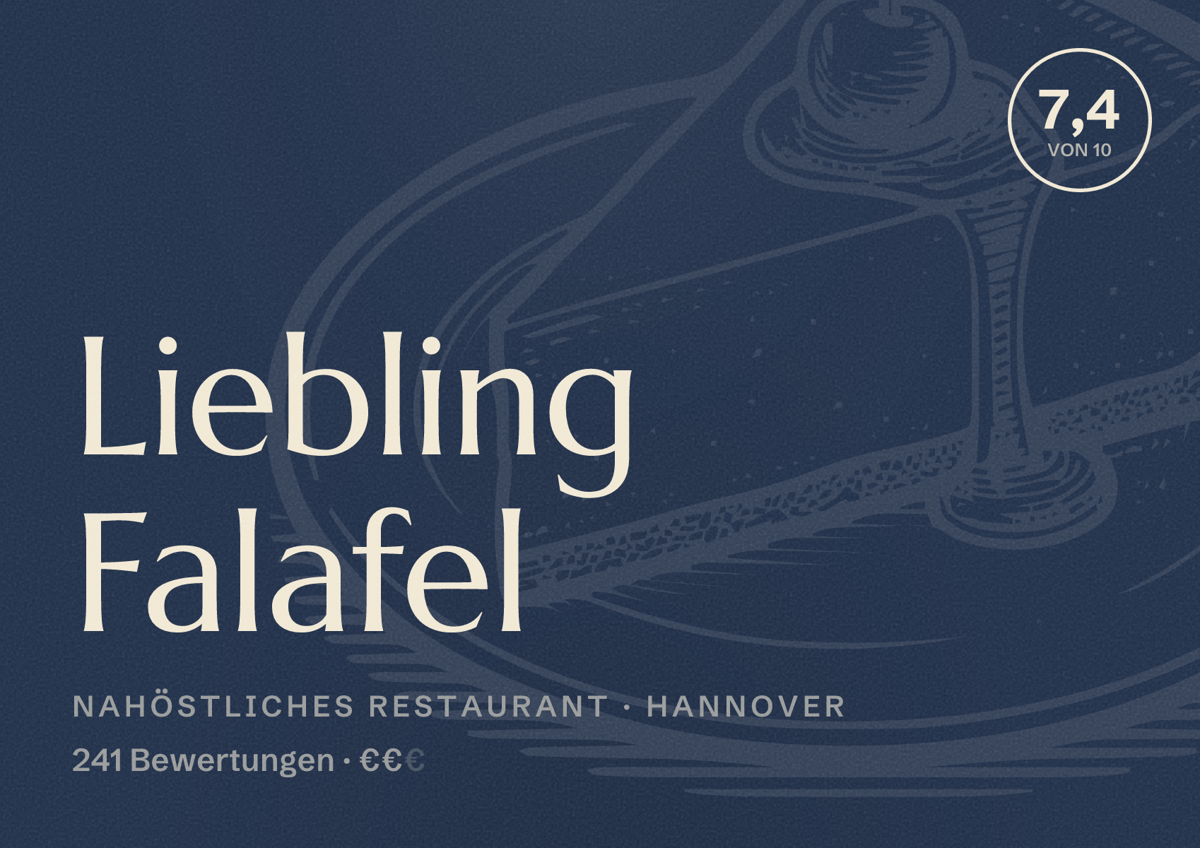 Illustriertes Poster von Liebling Falafel, Nahöstliches Restaurant in Hannover: Bewertung 7,4 von 10 aus 241 Bewertungen, Preisniveau €€