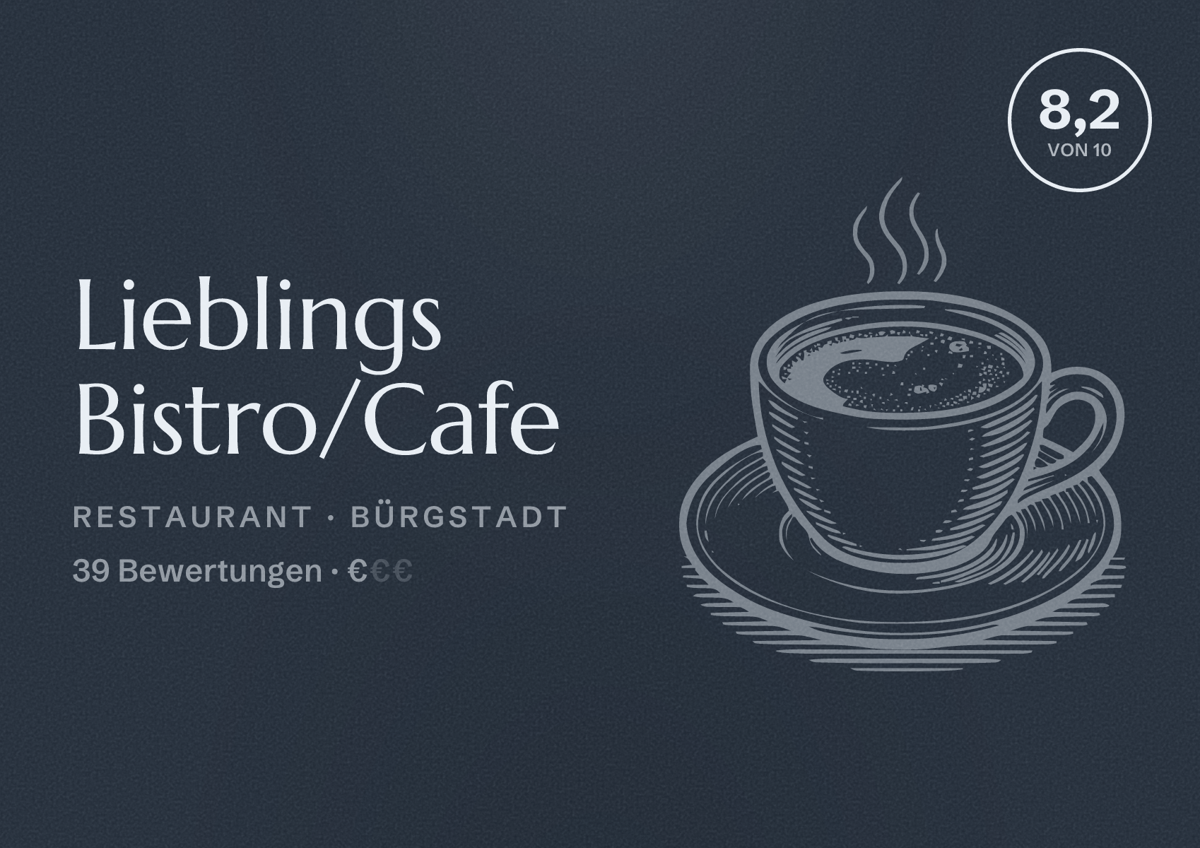 Illustriertes Poster von Lieblings Bistro/Cafe, Restaurant in Bürgstadt: Bewertung 8,2 von 10 aus 39 Bewertungen, Preisniveau €