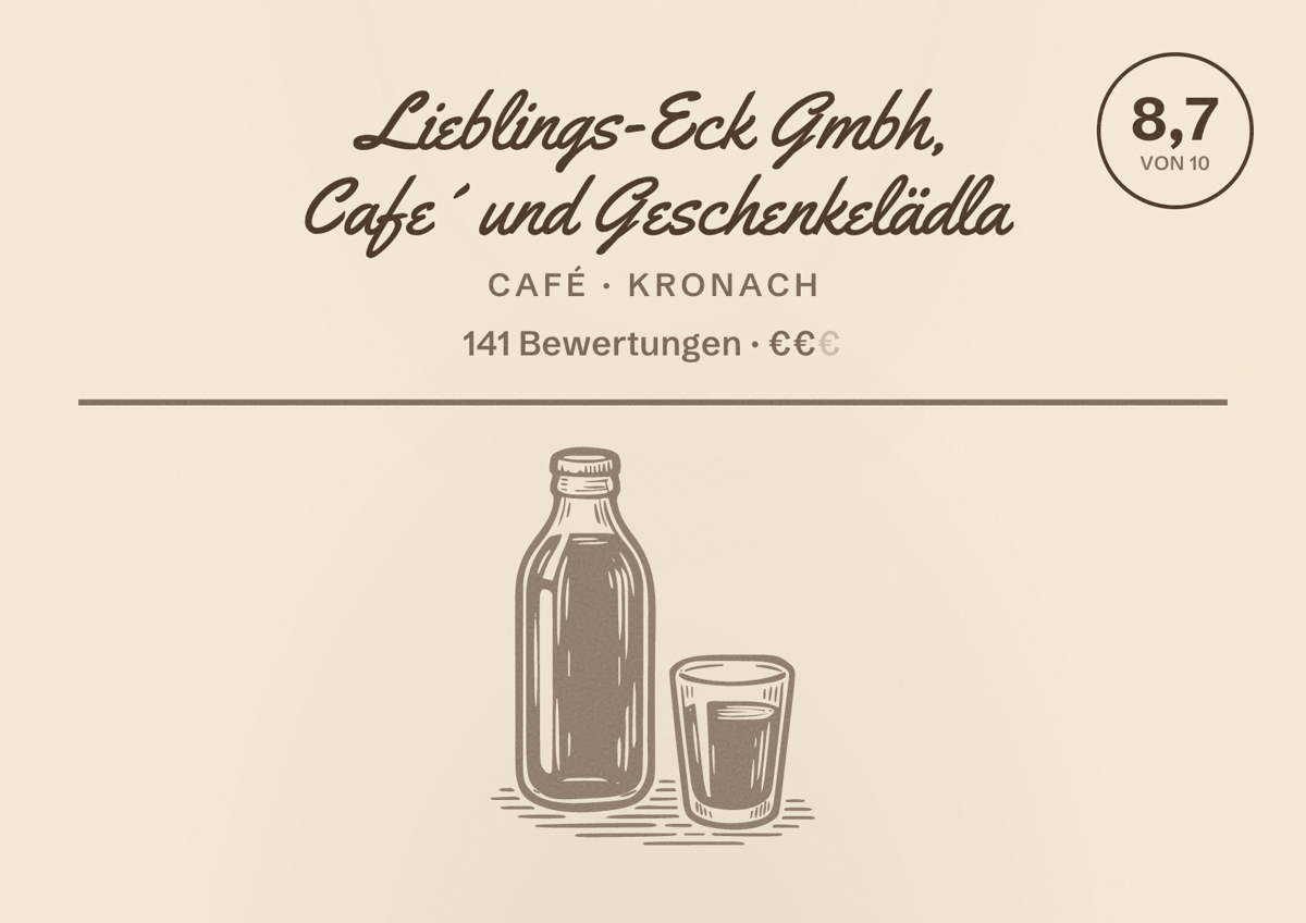 Illustriertes Poster von Lieblings-Eck Gmbh, Cafe´ und Geschenkelädla, Café in Kronach: Bewertung 8,7 von 10 aus 141 Bewertungen, Preisniveau €€