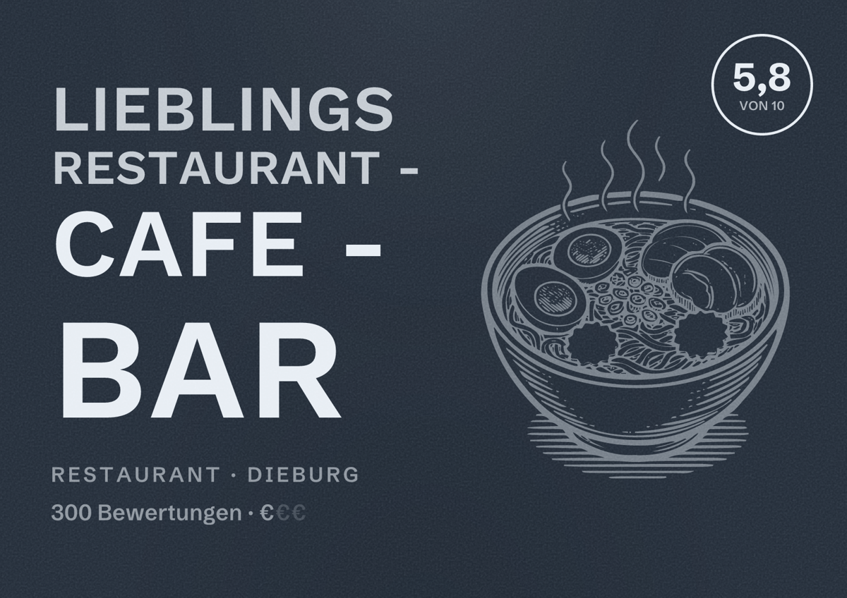 Illustriertes Poster von Lieblings Restaurant - Cafe - Bar, Restaurant in Dieburg: Bewertung 5,8 von 10 aus 300 Bewertungen, Preisniveau €