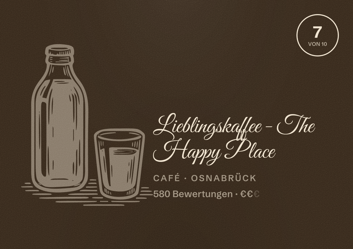 Illustriertes Poster von Lieblingskaffee - The Happy Place, Café in Osnabrück: Bewertung 7 von 10 aus 580 Bewertungen, Preisniveau €€
