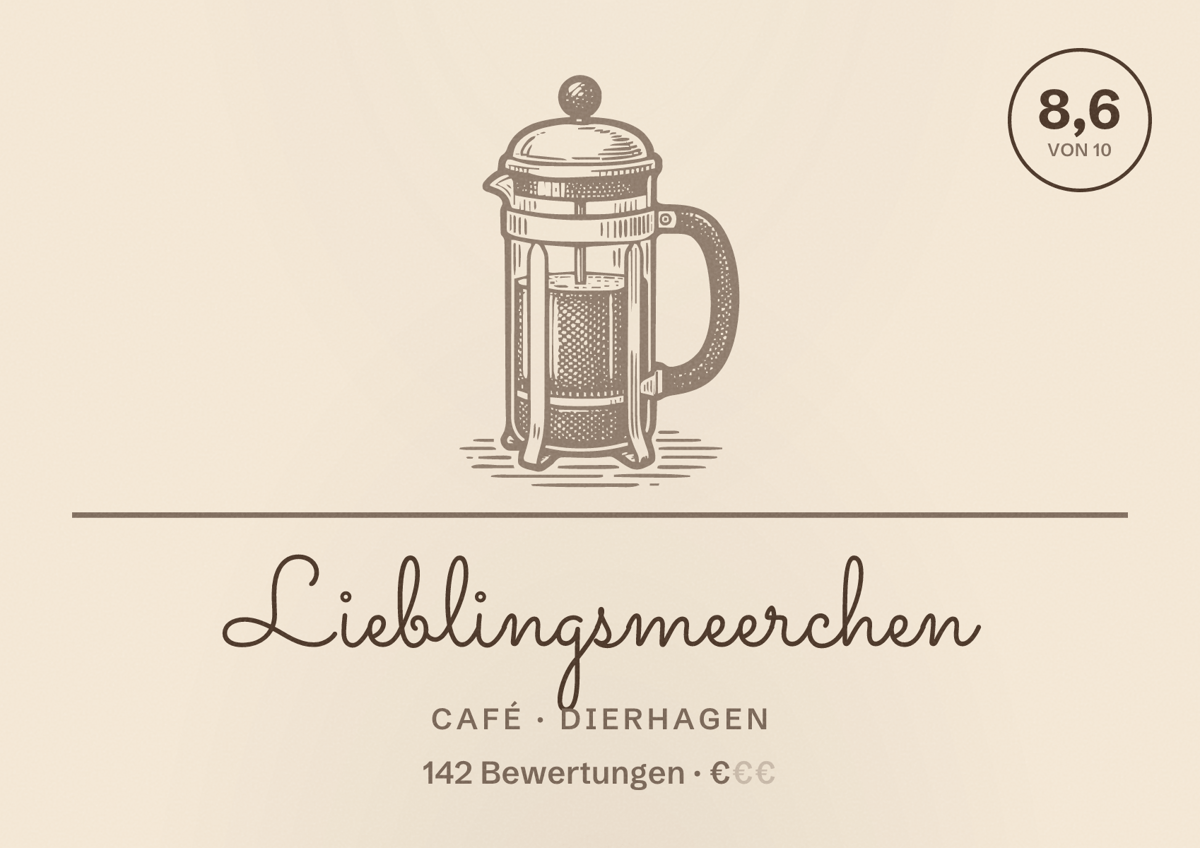 Illustriertes Poster von Lieblingsmeerchen, Café in Dierhagen: Bewertung 8,6 von 10 aus 142 Bewertungen, Preisniveau €
