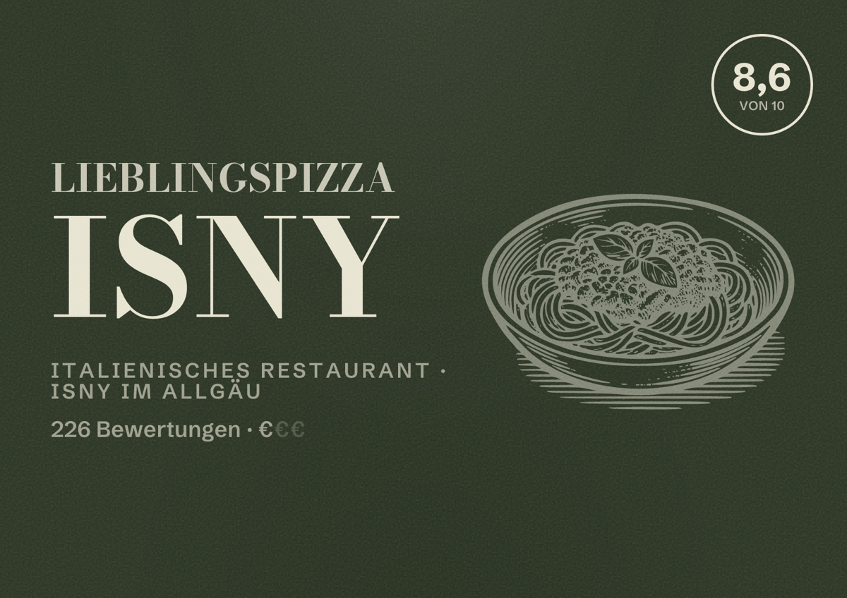 Illustriertes Poster von Lieblingspizza Isny, Italienisches Restaurant in Isny im Allgäu: Bewertung 8,6 von 10 aus 226 Bewertungen, Preisniveau €