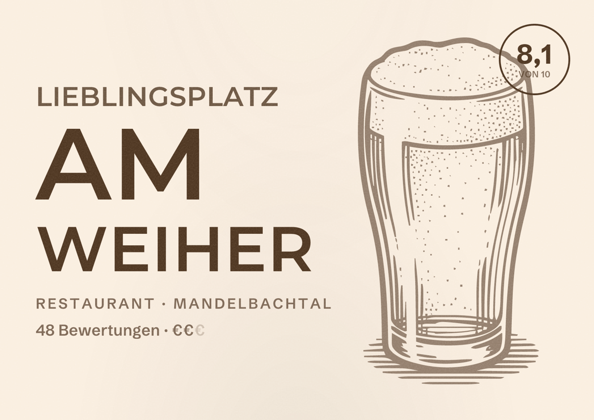 Illustriertes Poster von Lieblingsplatz am Weiher, Restaurant in Mandelbachtal: Bewertung 8,1 von 10 aus 48 Bewertungen, Preisniveau €€