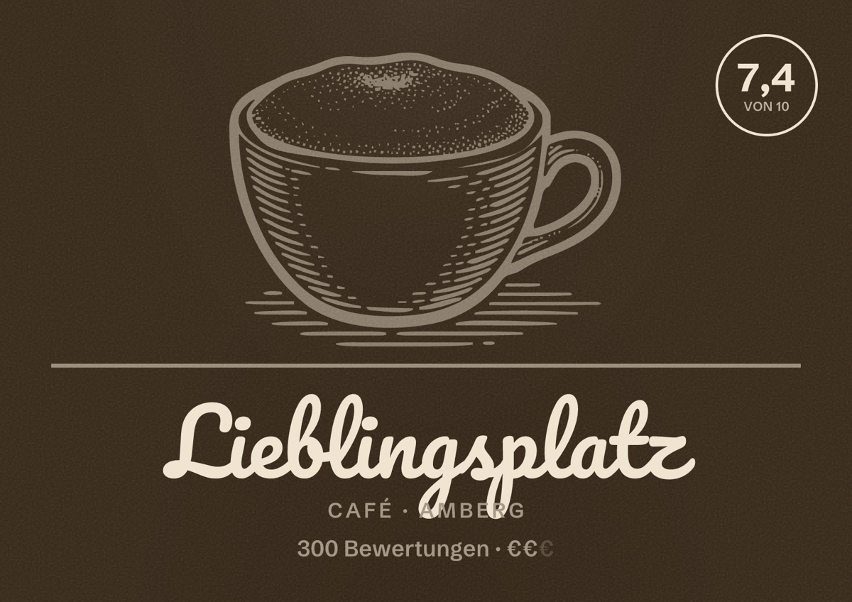 Illustriertes Poster von Lieblingsplatz, Café in Amberg: Bewertung 7,4 von 10 aus 300 Bewertungen, Preisniveau €€