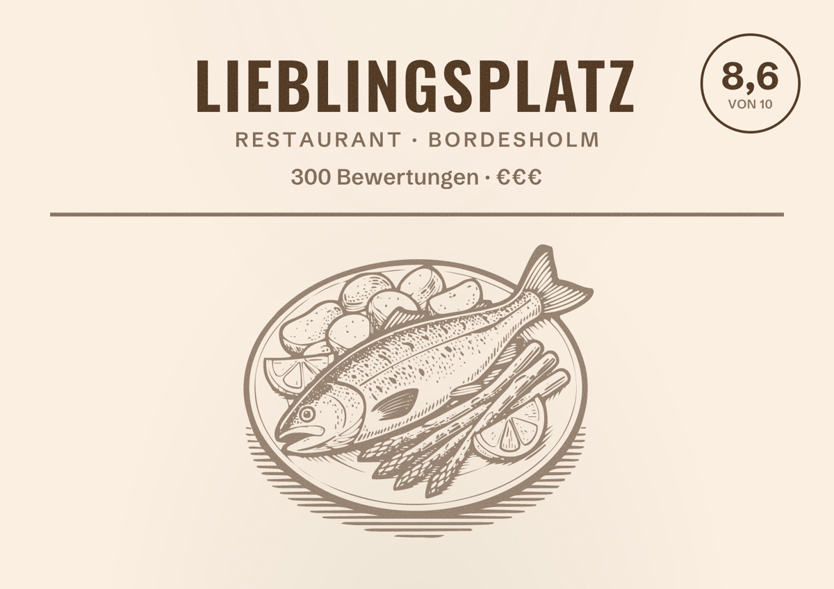Illustriertes Poster von Lieblingsplatz, Restaurant in Bordesholm: Bewertung 8,6 von 10 aus 300 Bewertungen, Preisniveau €€€