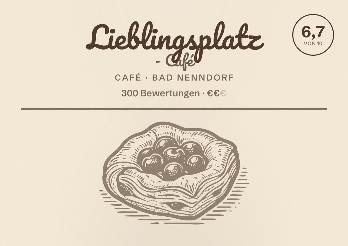 Illustriertes Poster von Lieblingsplatz - Café, Café in Bad Nenndorf: Bewertung 6,7 von 10 aus 300 Bewertungen, Preisniveau €€