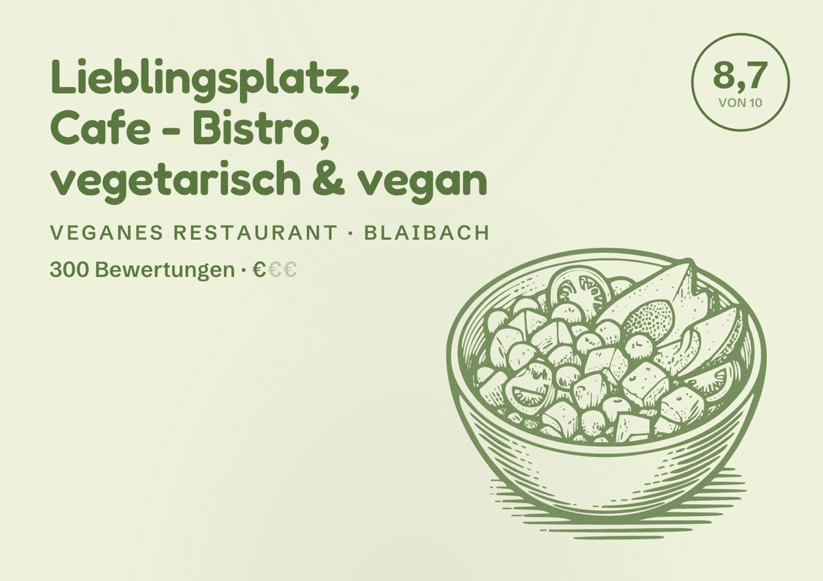 Illustriertes Poster von Lieblingsplatz, Cafe - Bistro, vegetarisch & vegan, Veganes Restaurant in Blaibach: Bewertung 8,7 von 10 aus 300 Bewertungen, Preisniveau €