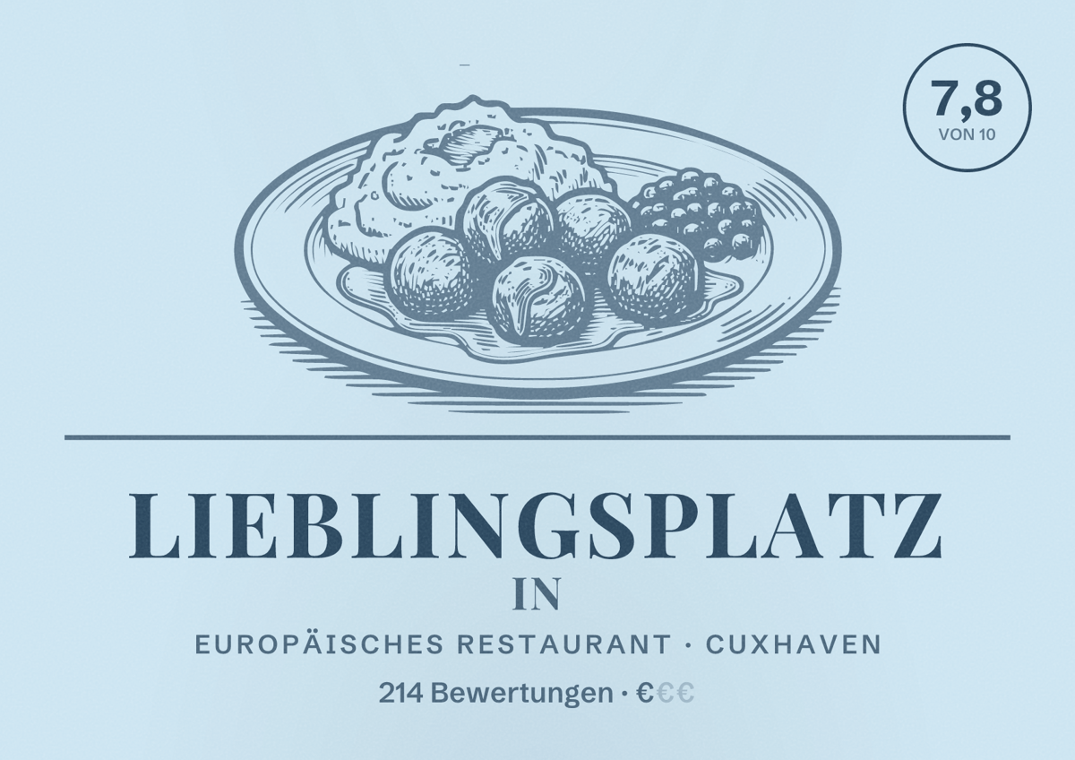 Illustriertes Poster von Lieblingsplatz In, Europäisches Restaurant in Cuxhaven: Bewertung 7,8 von 10 aus 214 Bewertungen, Preisniveau €