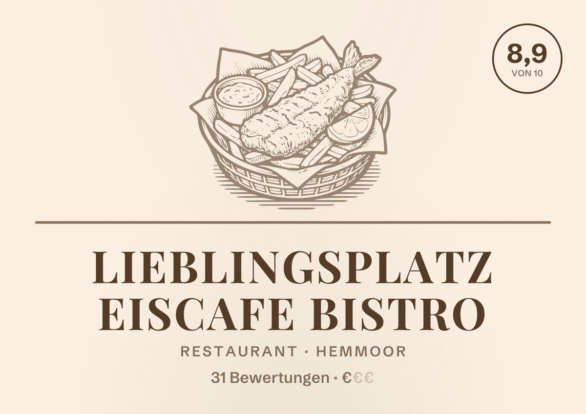Illustriertes Poster von Lieblingsplatz Eiscafe Bistro, Restaurant in Hemmoor: Bewertung 8,9 von 10 aus 31 Bewertungen, Preisniveau €