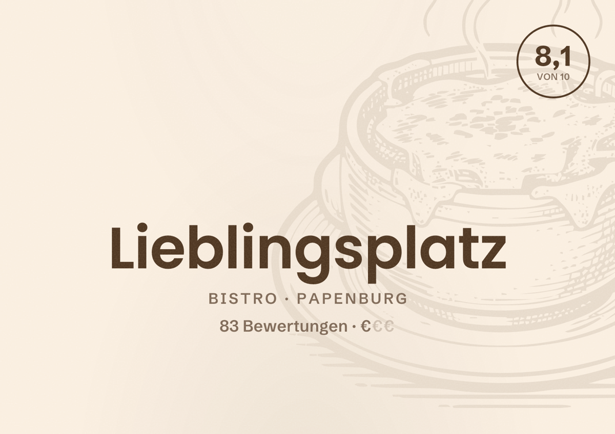Illustriertes Poster von Lieblingsplatz, Bistro in Papenburg: Bewertung 8,1 von 10 aus 83 Bewertungen, Preisniveau €