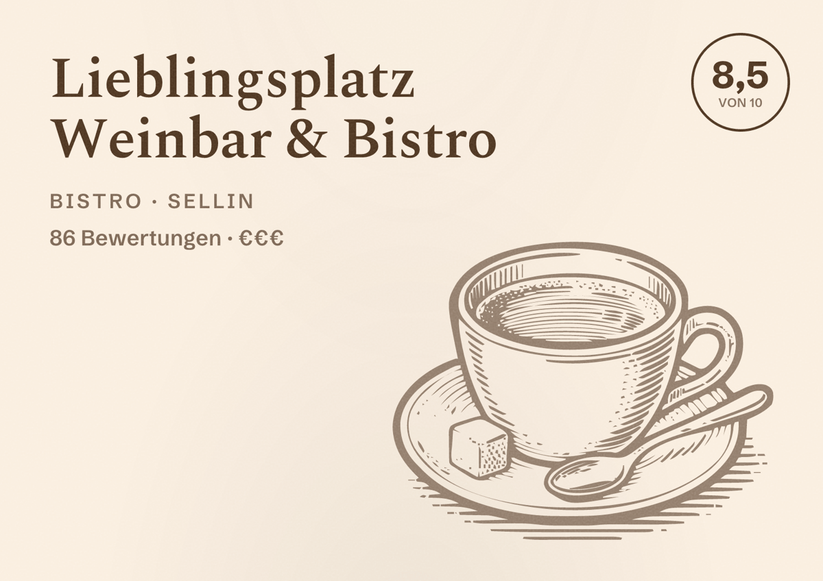 Illustriertes Poster von Lieblingsplatz Weinbar & Bistro, Bistro in Sellin: Bewertung 8,5 von 10 aus 86 Bewertungen, Preisniveau €€€