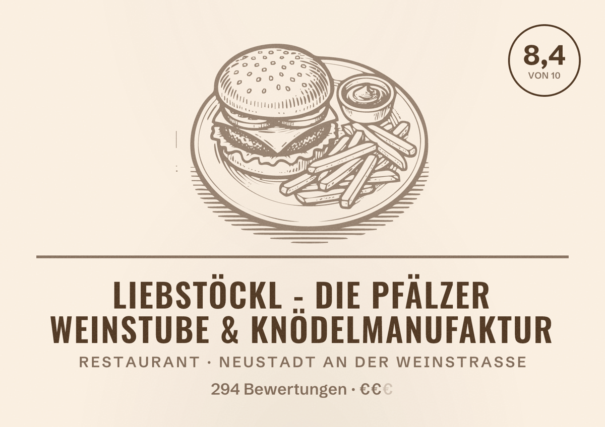 Illustriertes Poster von Liebstöckl - Die Pfälzer Weinstube & Knödelmanufaktur, Restaurant in Neustadt an der Weinstraße: Bewertung 8,4 von 10 aus 294 Bewertungen, Preisniveau €€