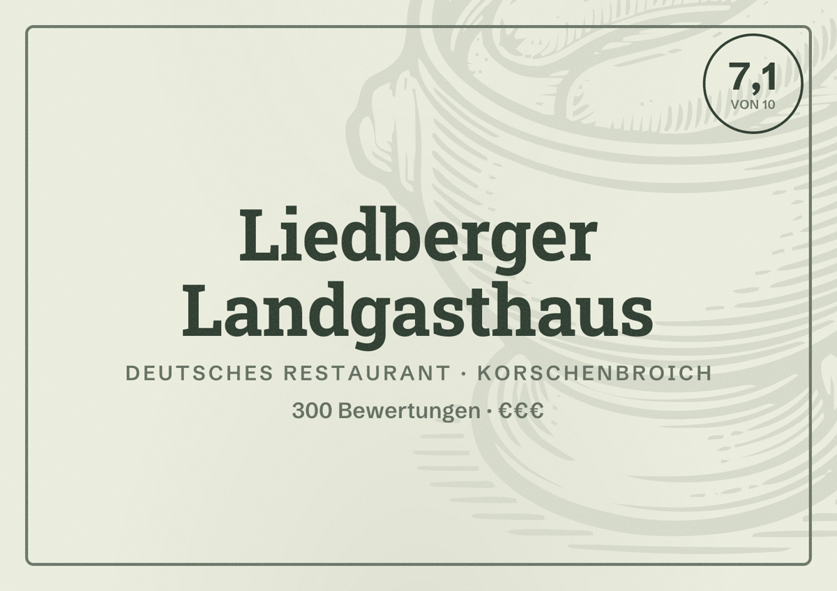 Illustriertes Poster von Liedberger Landgasthaus, Deutsches Restaurant in Korschenbroich: Bewertung 7,1 von 10 aus 300 Bewertungen, Preisniveau €€€